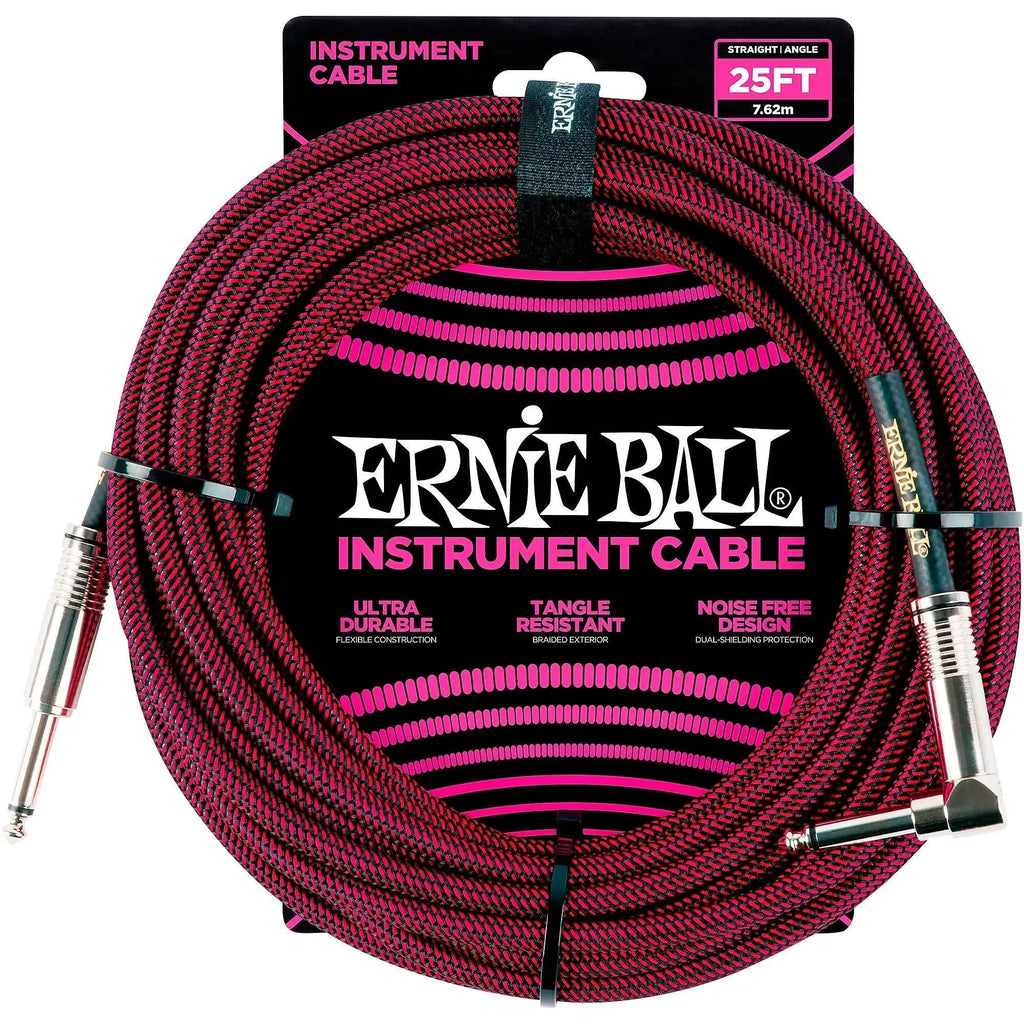 Ernie Ball 25' Braided Straight/ Angle Instrument Cable - Black/ Red - Ploutone