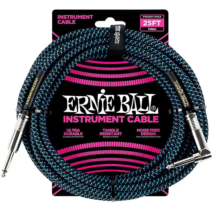 Ernie Ball 25' Braided Straight/ Angle Instrument Cable - Black/ Blue - Ploutone