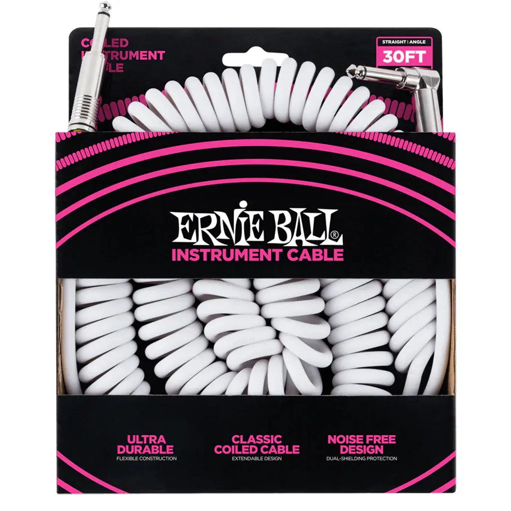 Ernie Ball Coiled Ultraflex 30' Straight/ Angle Instrument Cable - White - Ploutone