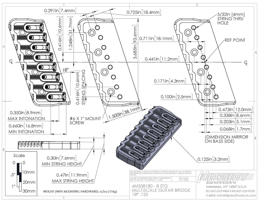 Hipshot 8-String Multi-Scale Fixed Guitar Bridge - Ploutone