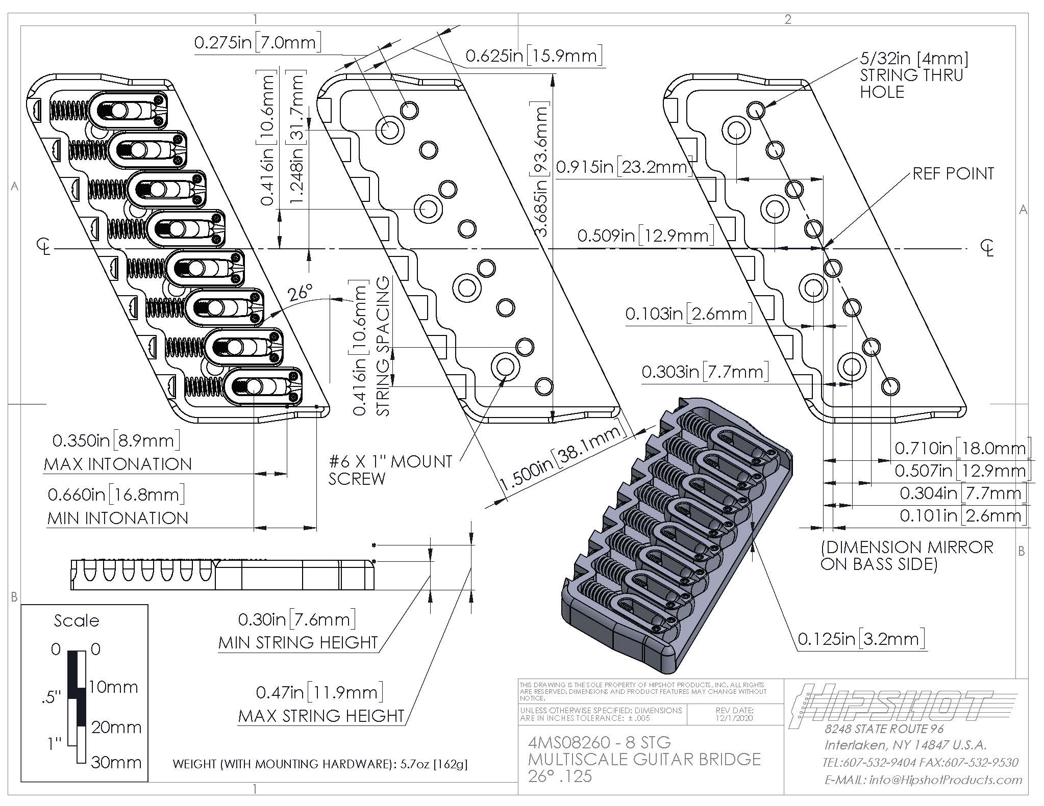 Hipshot 8-String Multi-Scale Fixed Guitar Bridge - Ploutone