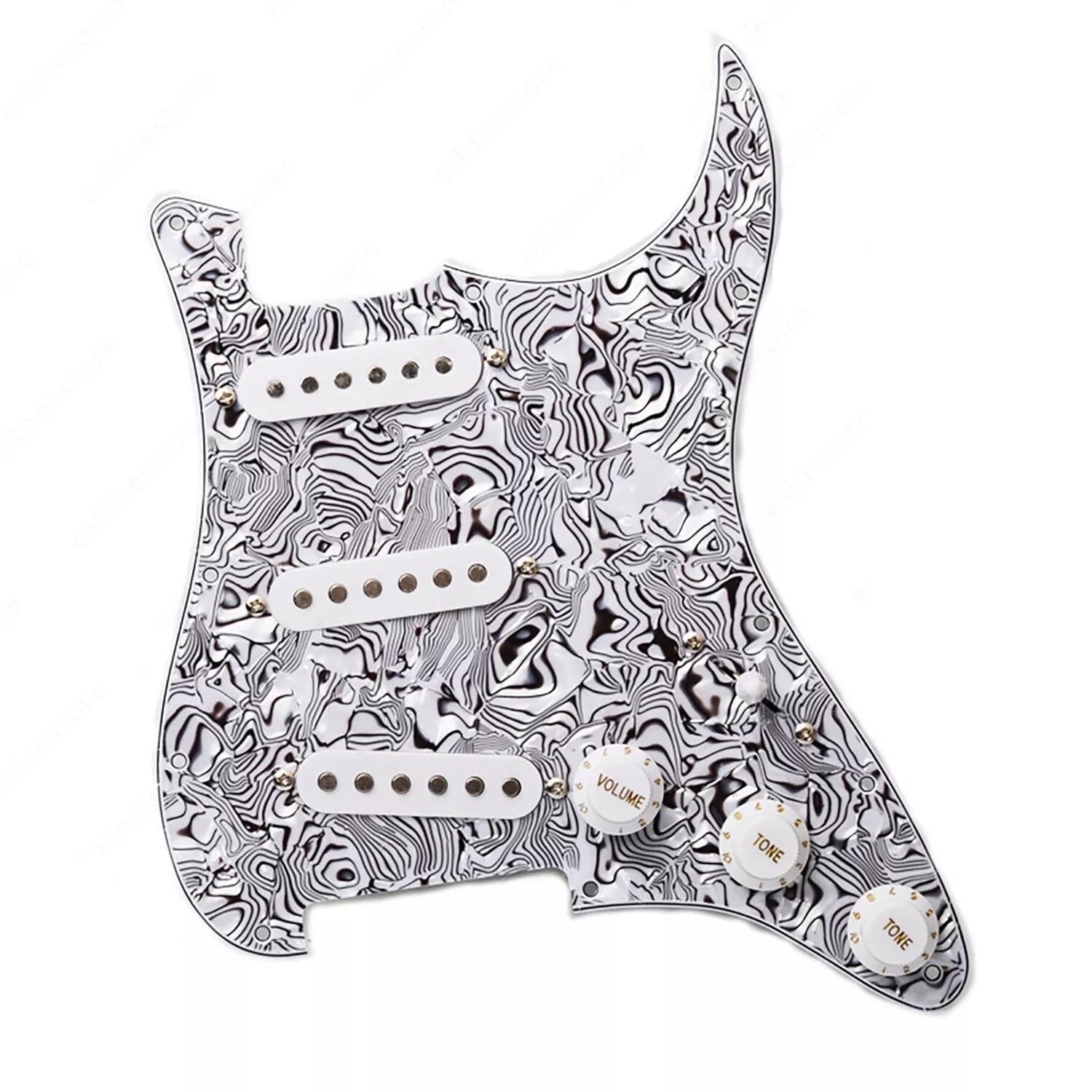 11-Hole SSS Loaded Strat Pickguard - Black White Shell & White - Ploutone