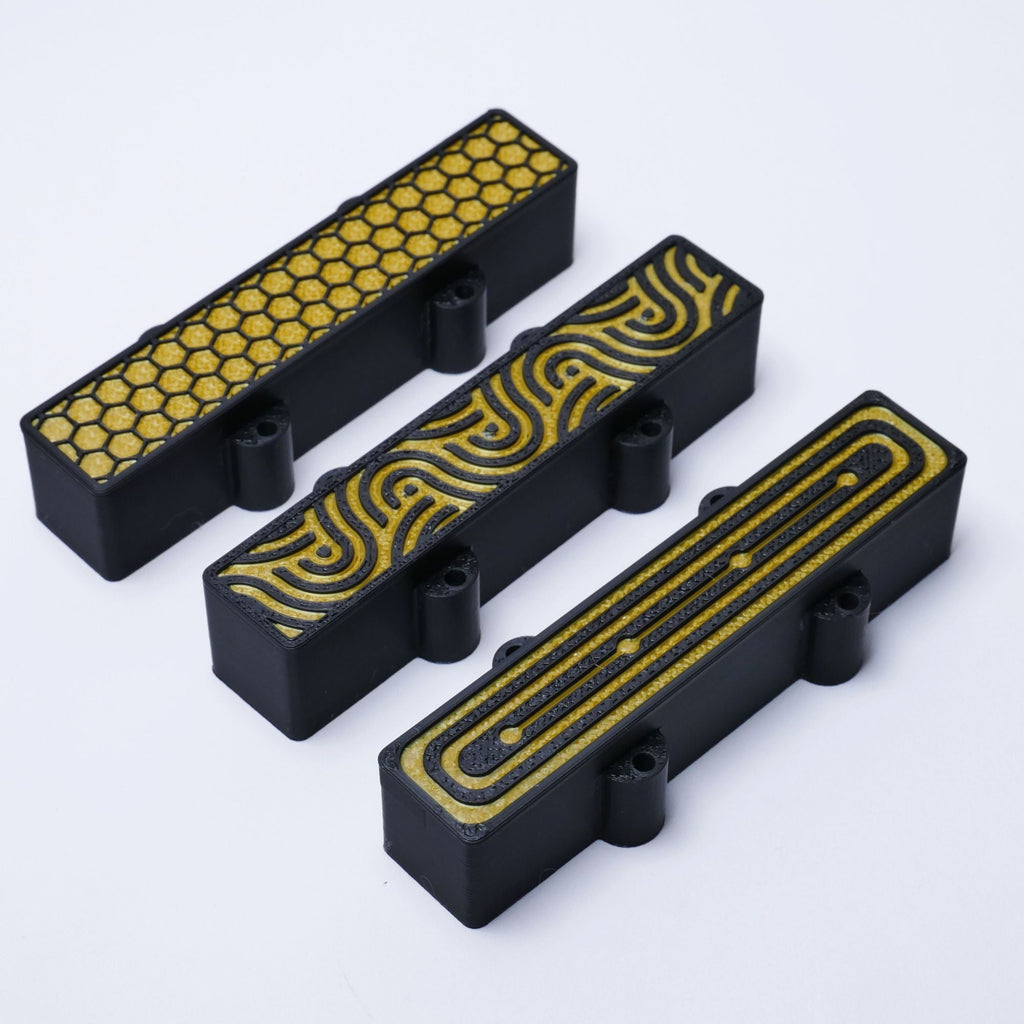 Custom 4-String Jazz Bass Pickup Covers (No Holes) Set of 2 - Black & Gold Pickup Covers from Ploutone