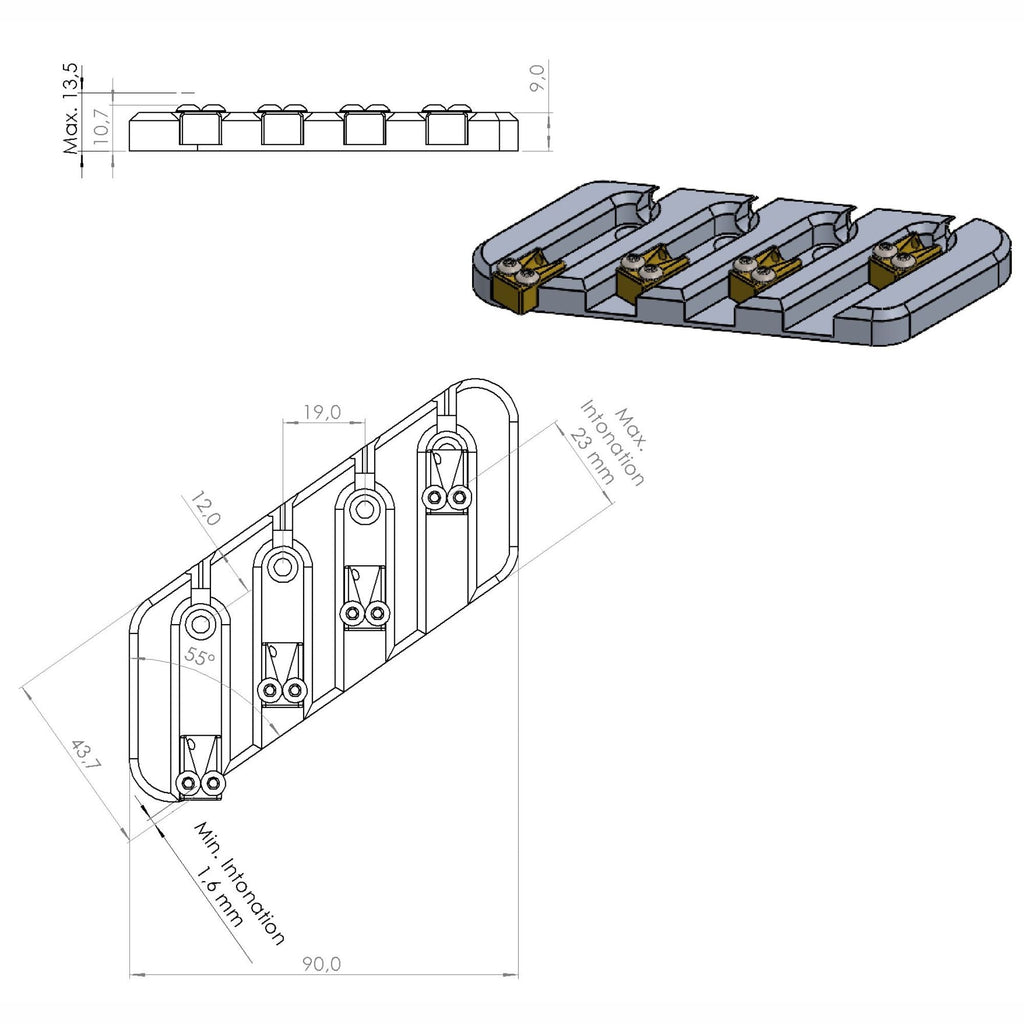 Nova Guitar Parts Dingwall Bass Bridge Retrofit Replacement - 4, 5, & 6-String Multi-Scale - Ploutone