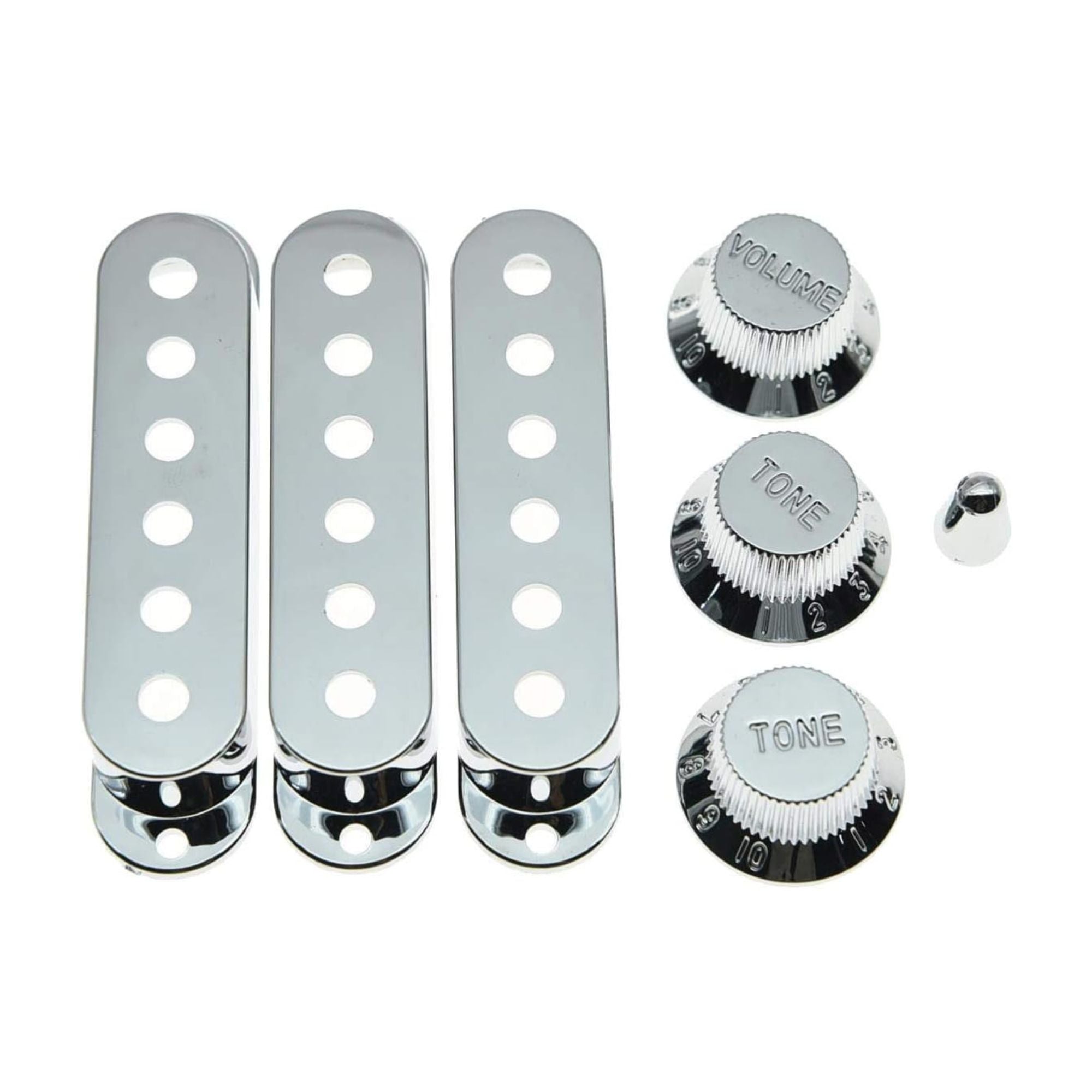 Stratocaster Pickup Covers, Knobs, & Switch Tip Set - Chrome - Ploutone