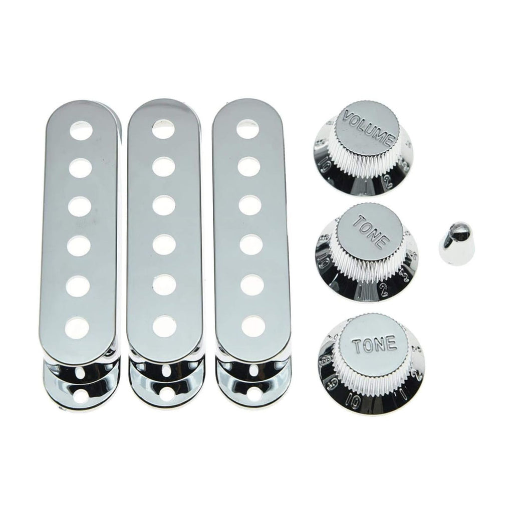 Strat Guitar Chrome Pickup Covers, Knobs, Switch & Trem Arm Tip Set Knobs from Ploutone