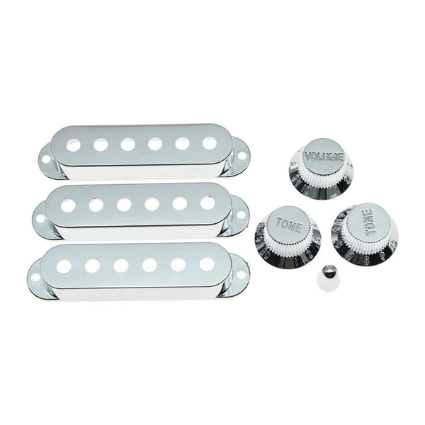 Strat Guitar Chrome Pickup Covers, Knobs, Switch & Trem Arm Tip Set Knobs from Ploutone