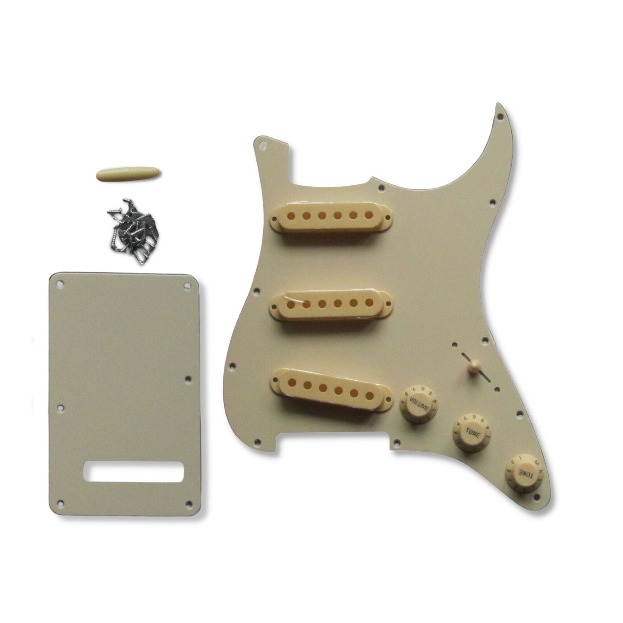 Cream Stratocaster Pickguard Kit 11-Hole - 3-Ply w/ Cream Knobs, Switch Tips & Pickup Covers - Ploutone