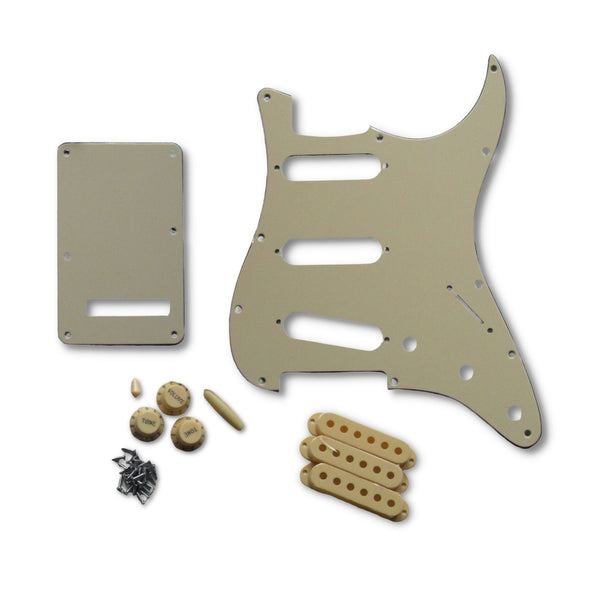 3-Ply Cream Strat Pickguard Kit w/ Knobs, Switches, Pickup Covers (11-Hole) - Ploutone