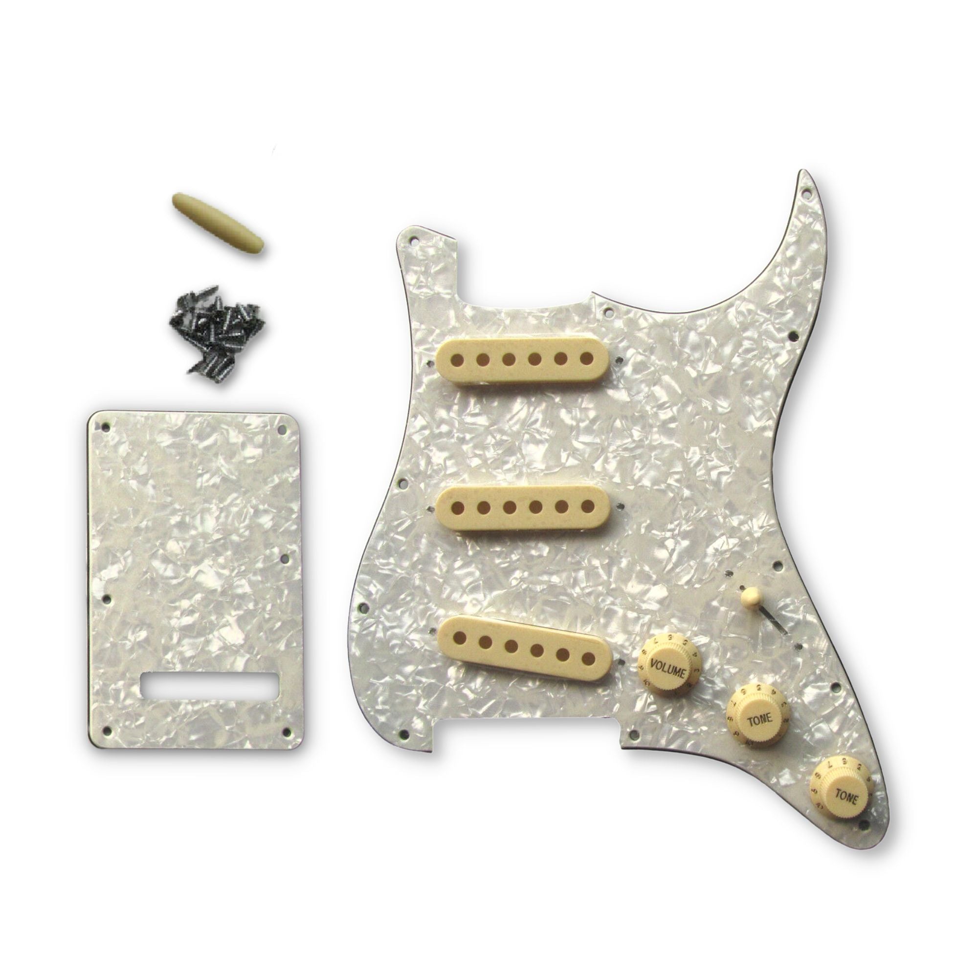 Aged Pearl Stratocaster Pickguard Kit 11-Hole - 3-Ply w/ Cream Knobs, Switch Tips & Pickup Covers - Ploutone