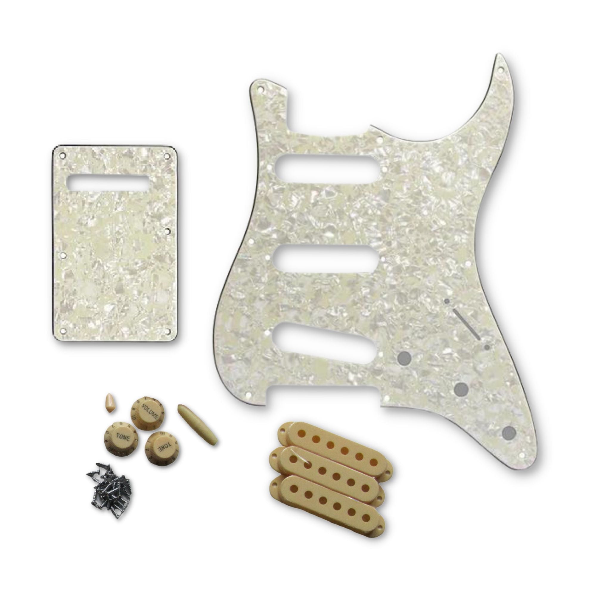 Aged Pearl Stratocaster Pickguard Kit 11-Hole - 3-Ply w/ Cream Knobs, Switch Tips & Pickup Covers - Ploutone