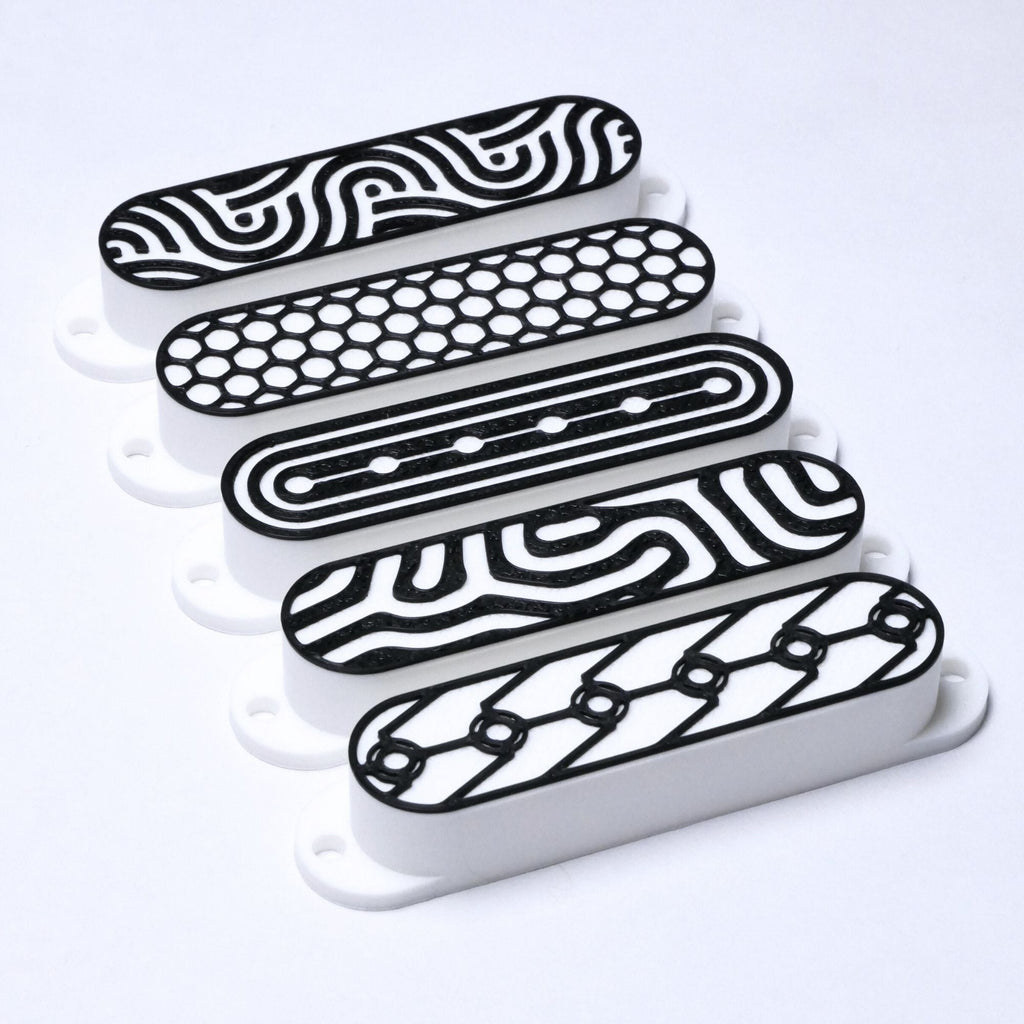 Custom Single Coil Pickup Covers (No Holes) Set of 3 - White/ Black Pickup Covers from Ploutone