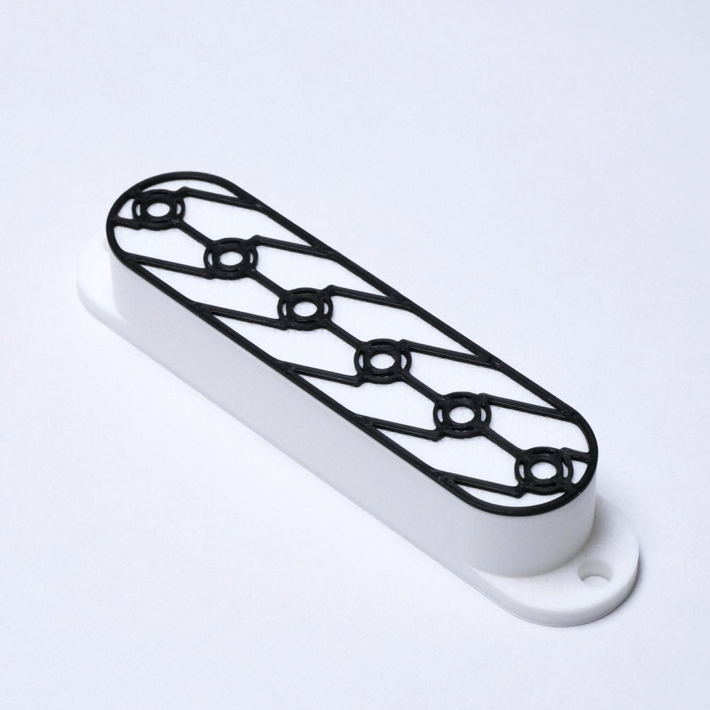 Custom Single Coil Strat Pickup Covers (No Holes) Set of 3 - White/ Black Interlink - Ploutone