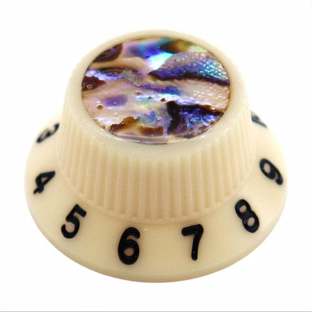 Guitar Knob Caps, Shell Inlay 18 Spline Metric - Cream / Black Lettering Knobs from Ploutone