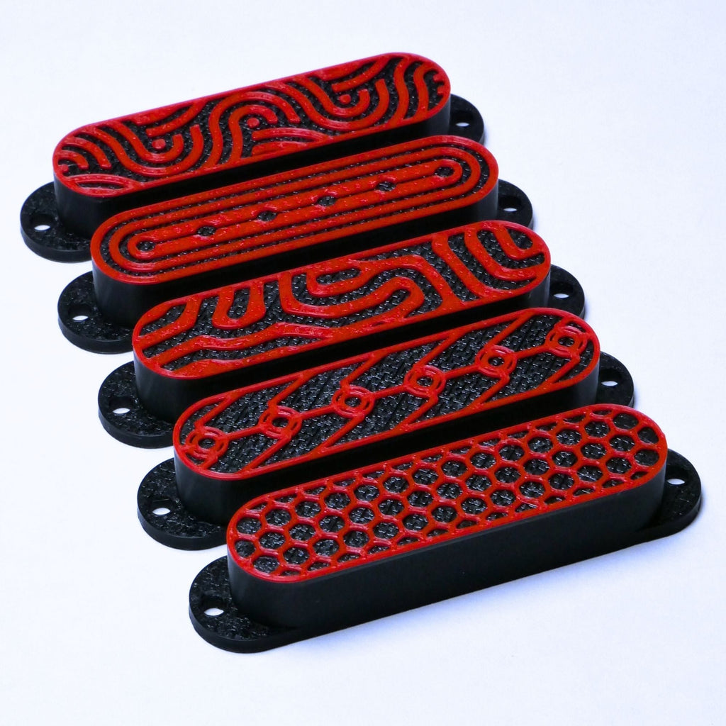 Custom Single Coil Strat Pickup Covers (No Holes) Set of 3 - Black/ Red - Ploutone