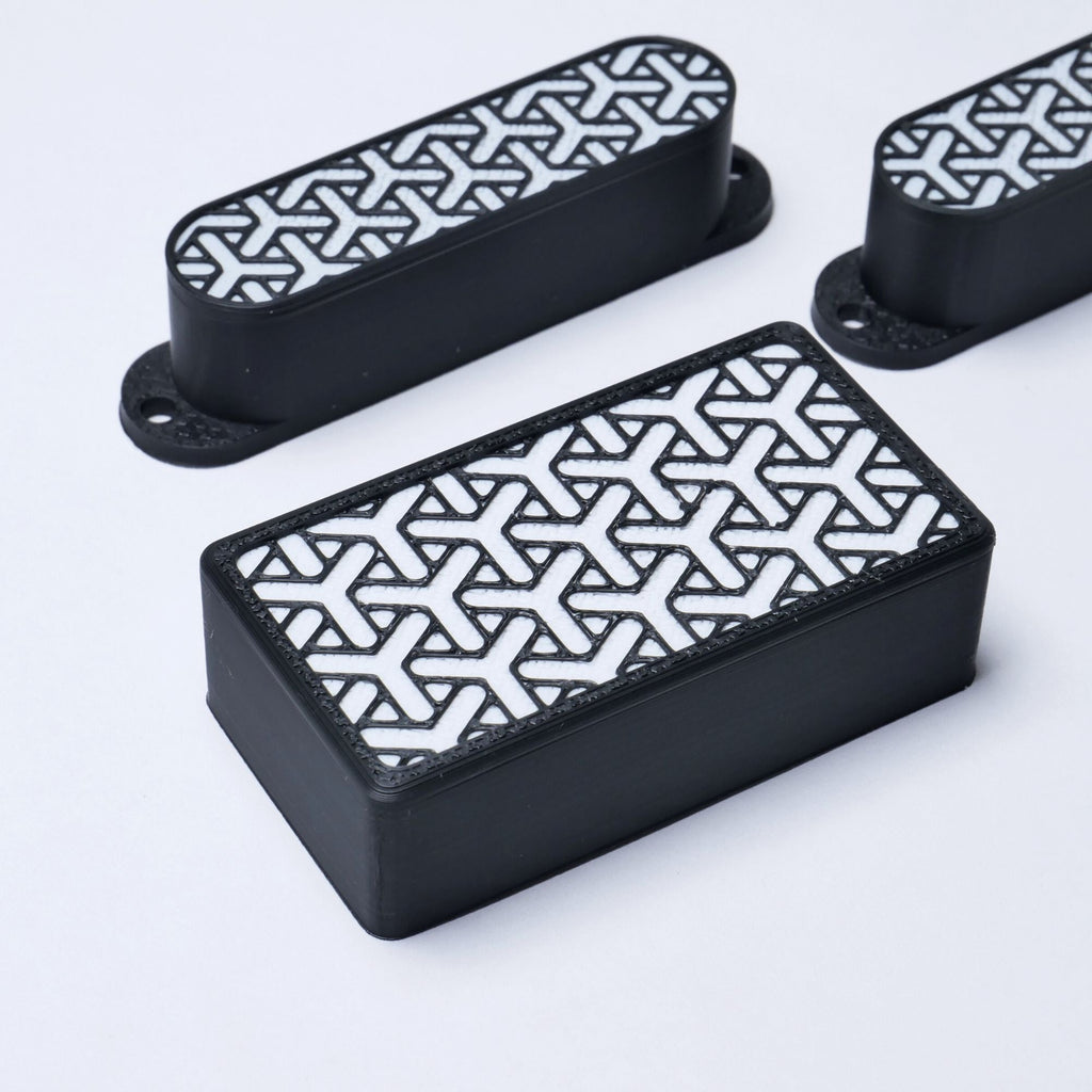 Custom HSS Pickup Cover Set (No Holes) - Black & Red Honeycomb - Ploutone