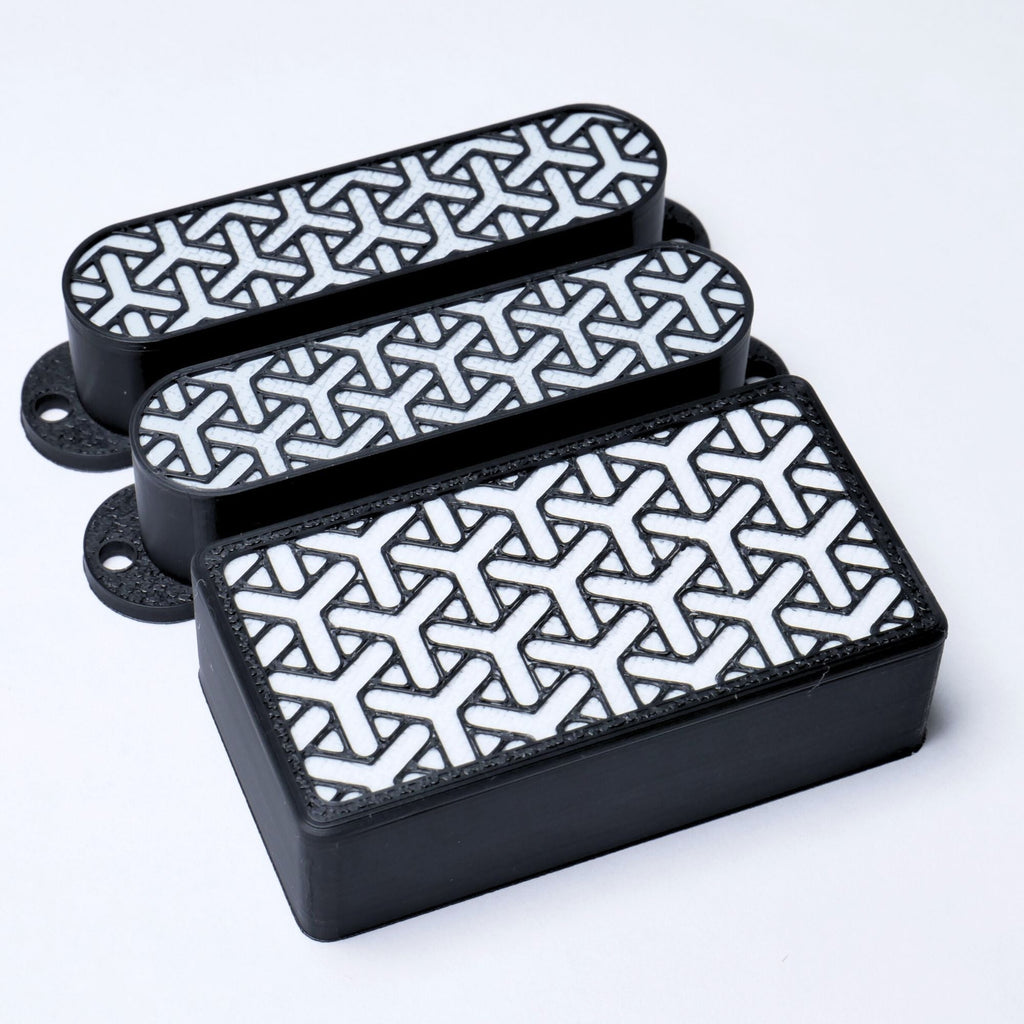 Custom HSS Pickup Cover Set (No Holes) - Black & Red Honeycomb - Ploutone