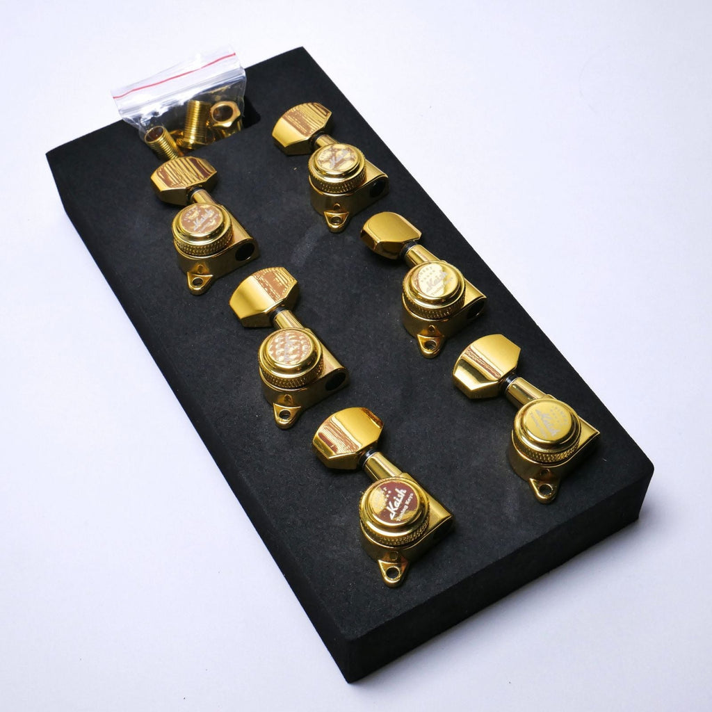 Gold Locking Tuners 6L (Left-Handed) - 18:1 Ratio, Fits 10mm (25/64") Holes, 45° Mounting Screw - Electric & Acoustic Guitar - Ploutone