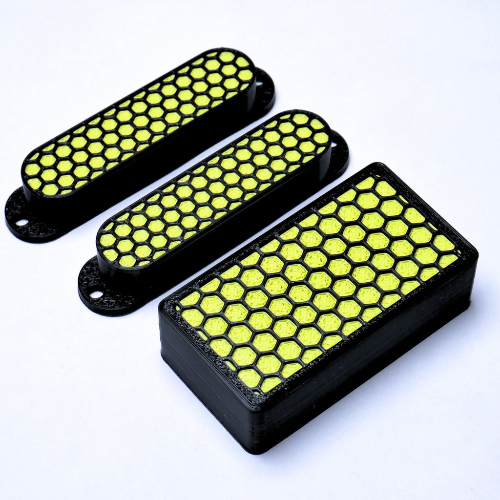 Custom HSS Pickup Cover Set (No Holes) - Black & Green Honeycomb Pickup Covers from Ploutone
