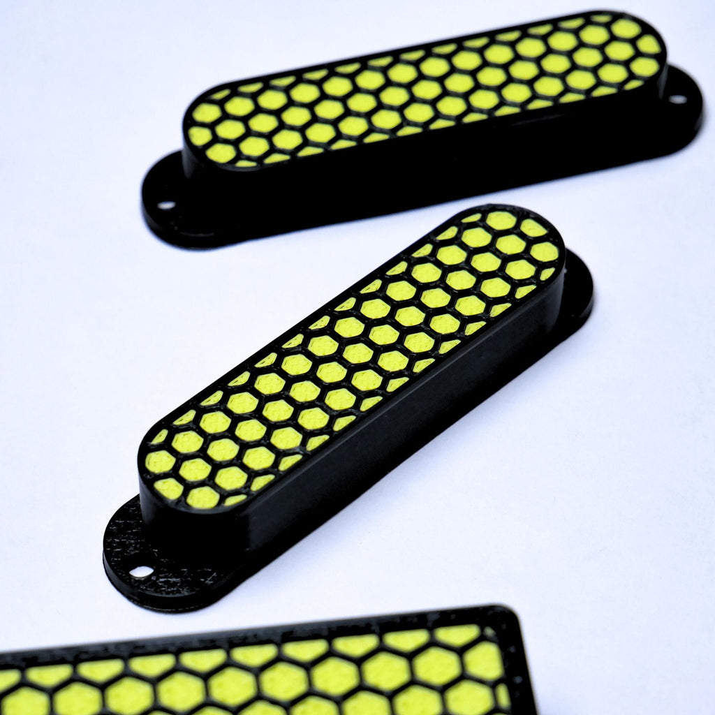 Custom HSS Pickup Cover Set (No Holes) - Black & Green Honeycomb - Ploutone