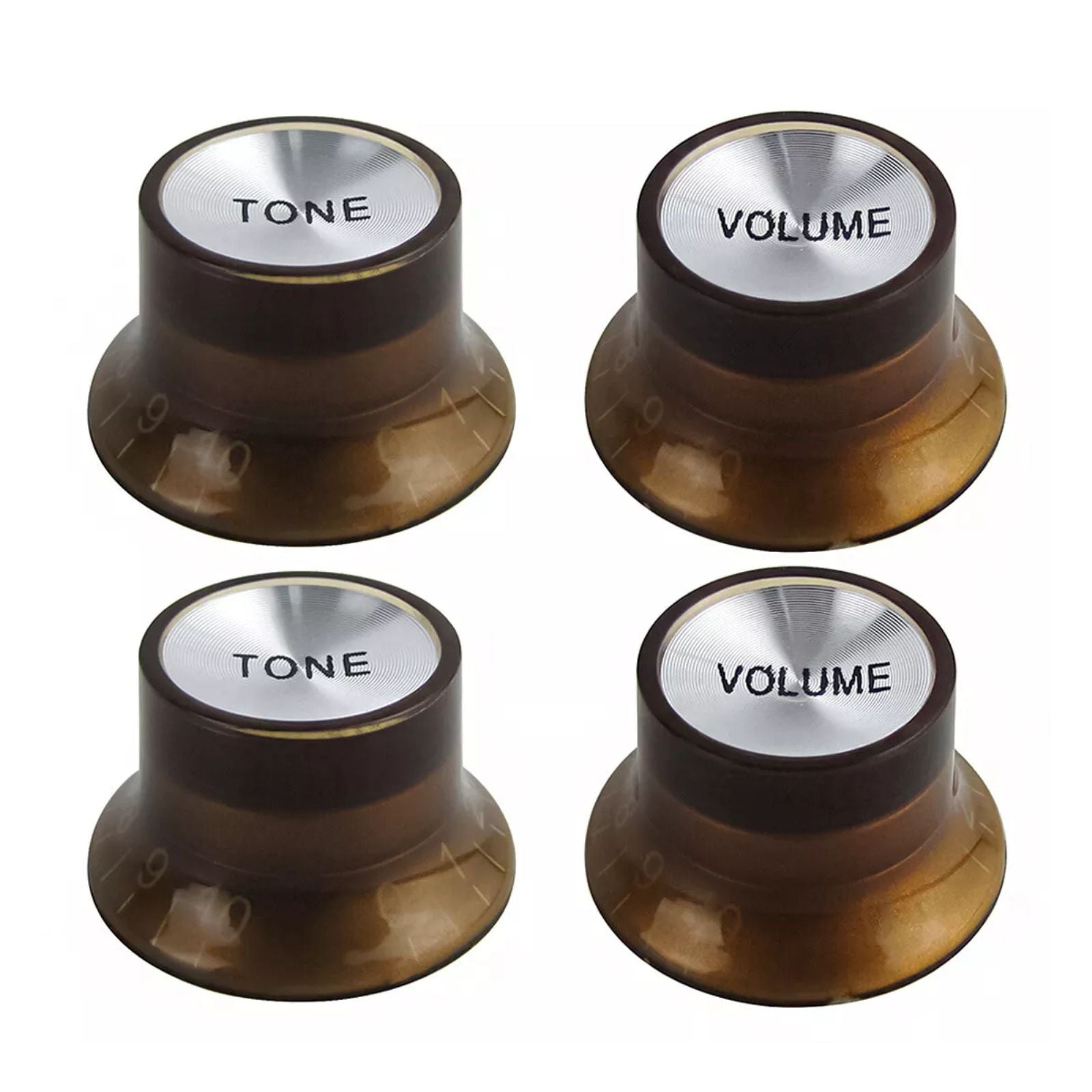 Brown & Silver Reflector Top Hat Knobs for Les Paul, SG, Epiphone, 18-Spline Metric (Set of 4) - Ploutone