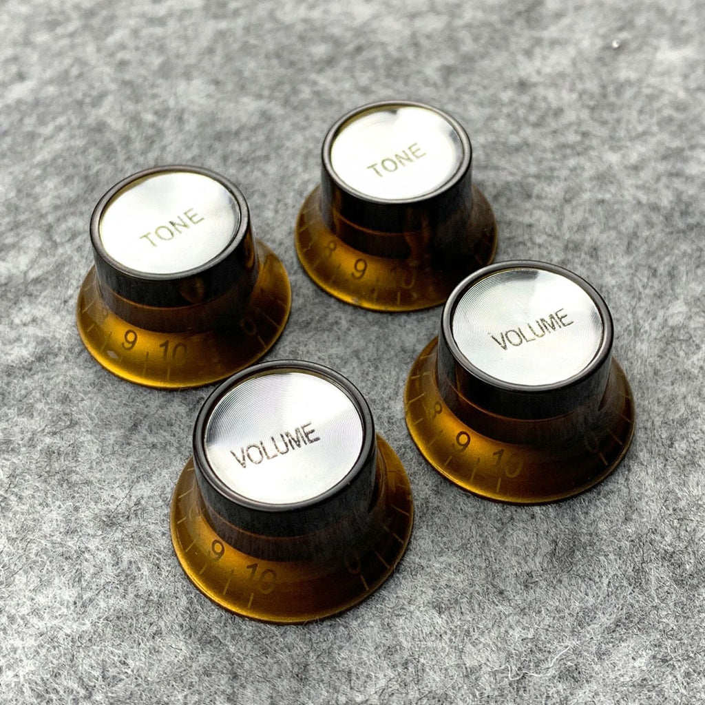 Brown & Silver Reflector Top Hat Knobs for Les Paul, SG, Epiphone, 18-Spline Metric (Set of 4) - Ploutone