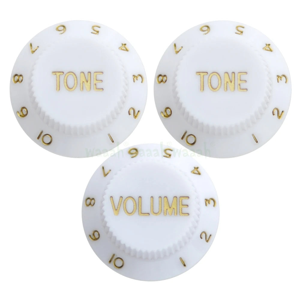 Electric Guitar Top Hat Control Knobs, 24 Spline Imperial (Set of 3) - 25+ Colors White & Gold - Ploutone