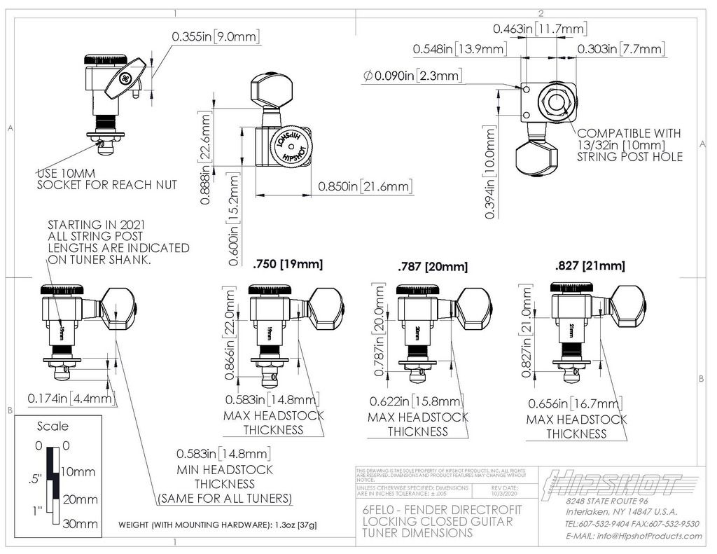 Hipshot Staggered Locking Machine Heads Upgrade for Fender® Directrofit™ - Gold - Ploutone
