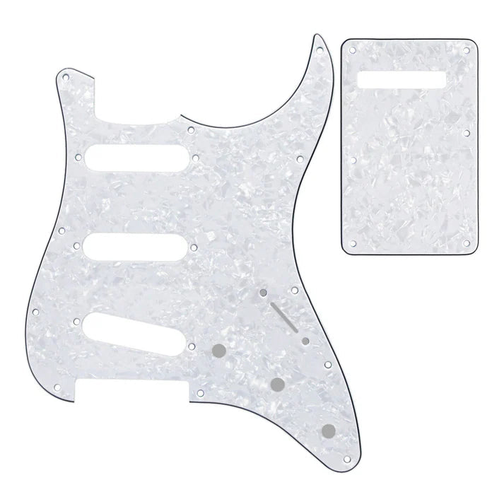 11-Hole SSS Strat Pickguard and Matching Back Plate - 20+ Colors 4-Ply White Pearl - Ploutone
