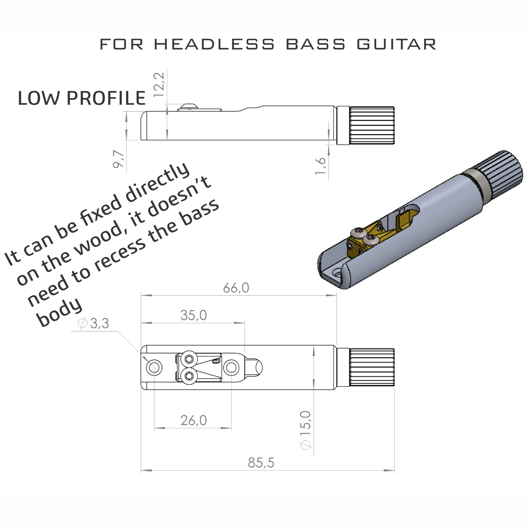 Nova Guitar Parts Single String Headless Bass Bridge - Ploutone