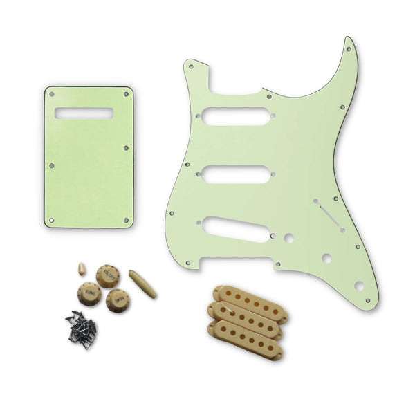 3-Ply Mint Green Strat Pickguard Kit w/ Knobs, Switches, Pickup Covers (11-Hole) - Ploutone