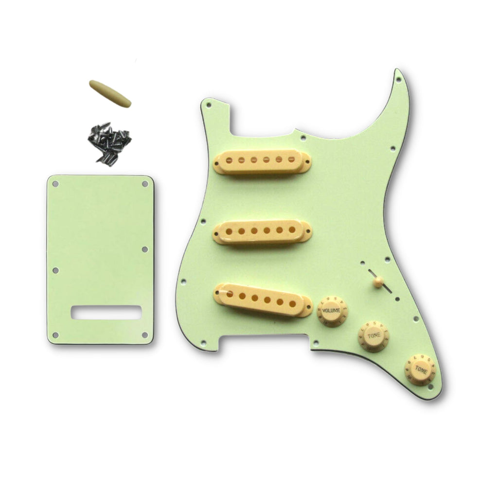 3-Ply Mint Green Strat Pickguard Kit w/ Knobs, Switches, Pickup Covers (11-Hole) - Ploutone