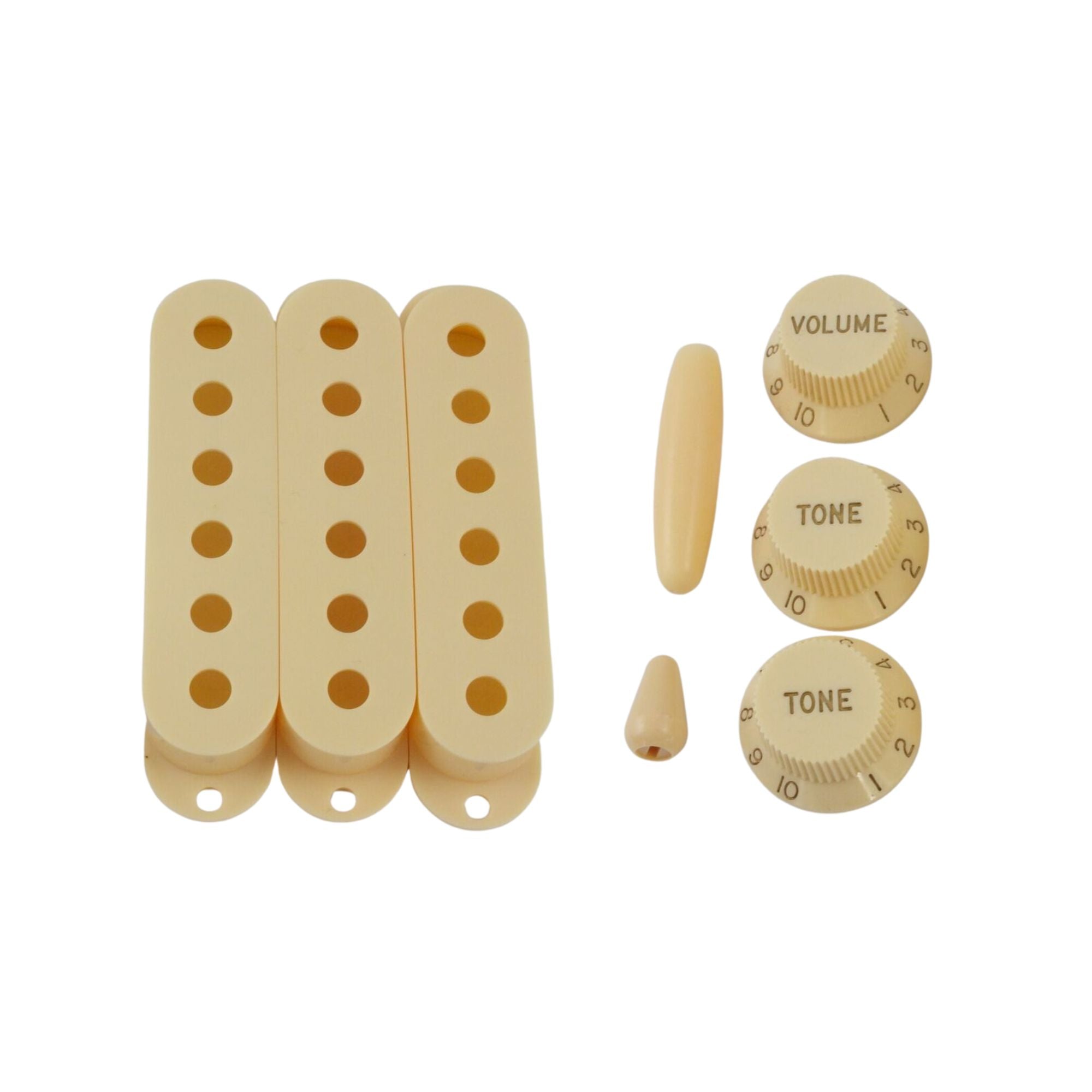 Aged Pearl Stratocaster Pickguard Kit 11-Hole - 3-Ply w/ Cream Knobs, Switch Tips & Pickup Covers - Ploutone