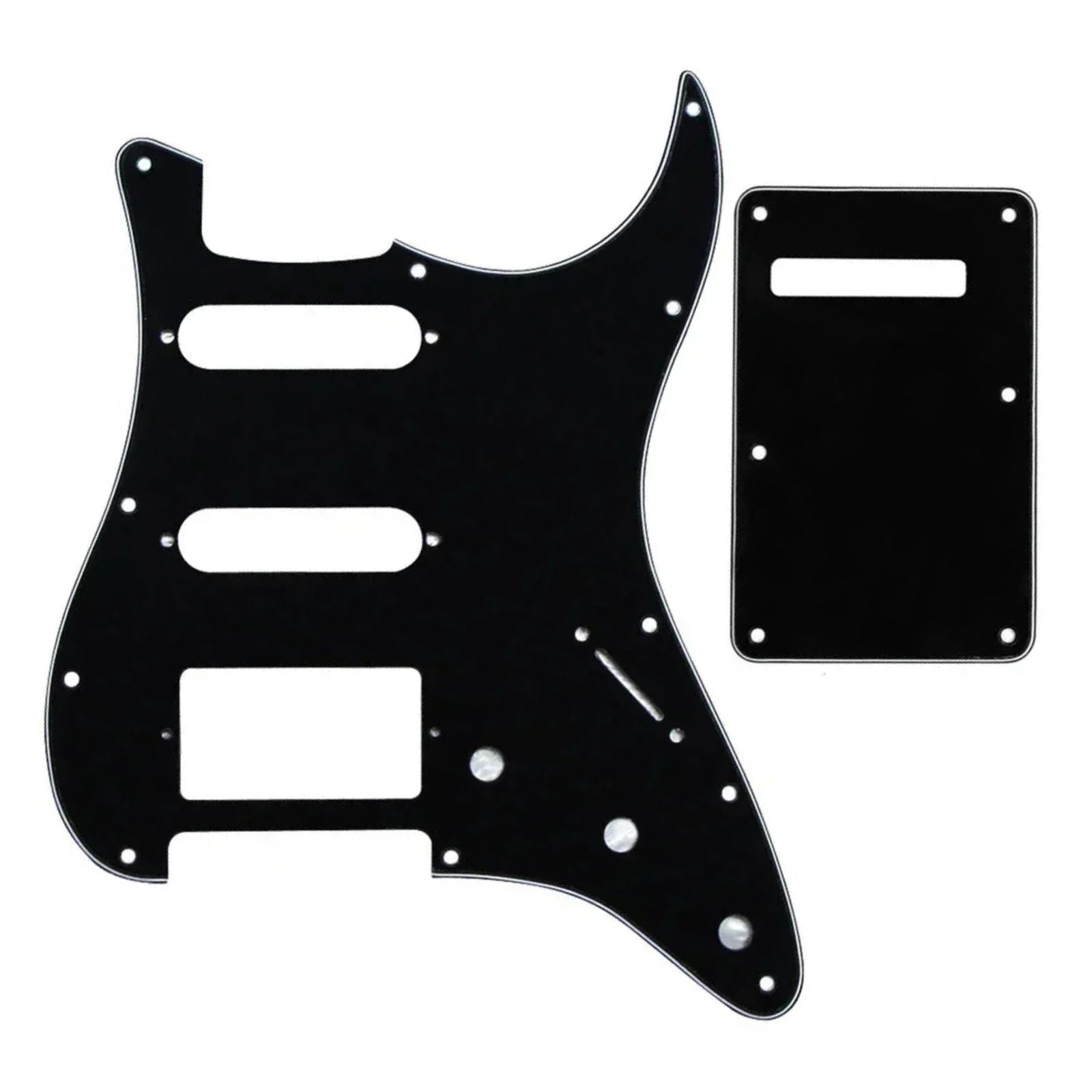 11-Hole HSS Strat Pickguard and Matching Back Plate - 20+ Colors 3-Ply Black - Ploutone