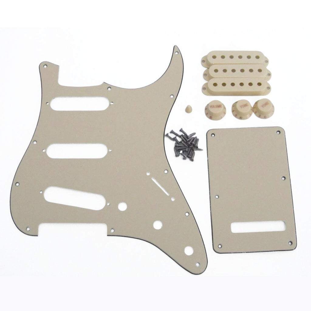 Cream Stratocaster Pickguard Kit 11-Hole - 3-Ply w/ Aged White Knobs, Switch Tips & Pickup Covers - Ploutone