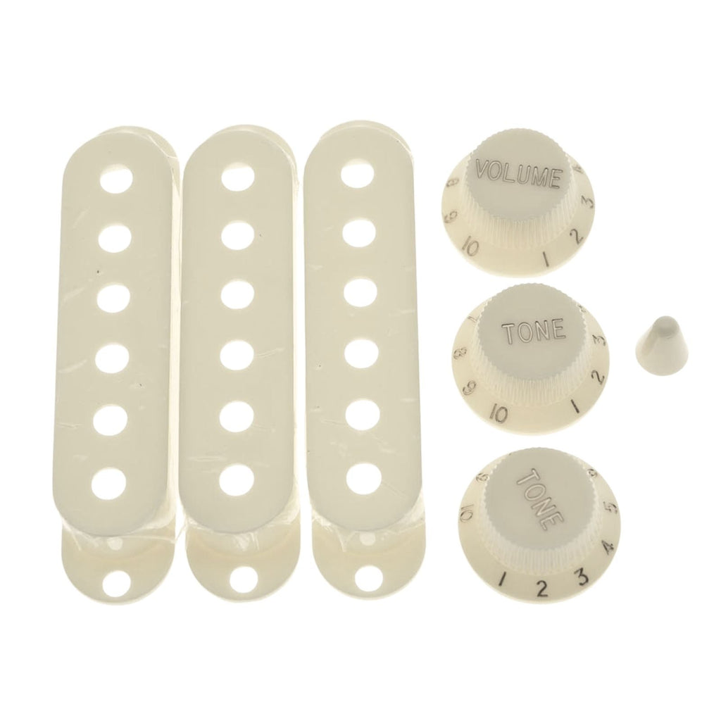 Cream Stratocaster Pickguard Kit 11-Hole - 3-Ply w/ Aged White Knobs, Switch Tips & Pickup Covers - Ploutone
