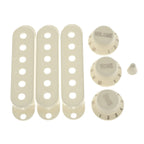 Cream Stratocaster Pickguard Kit 11-Hole - 3-Ply w/ Aged White Knobs, Switch Tips & Pickup Covers - Ploutone