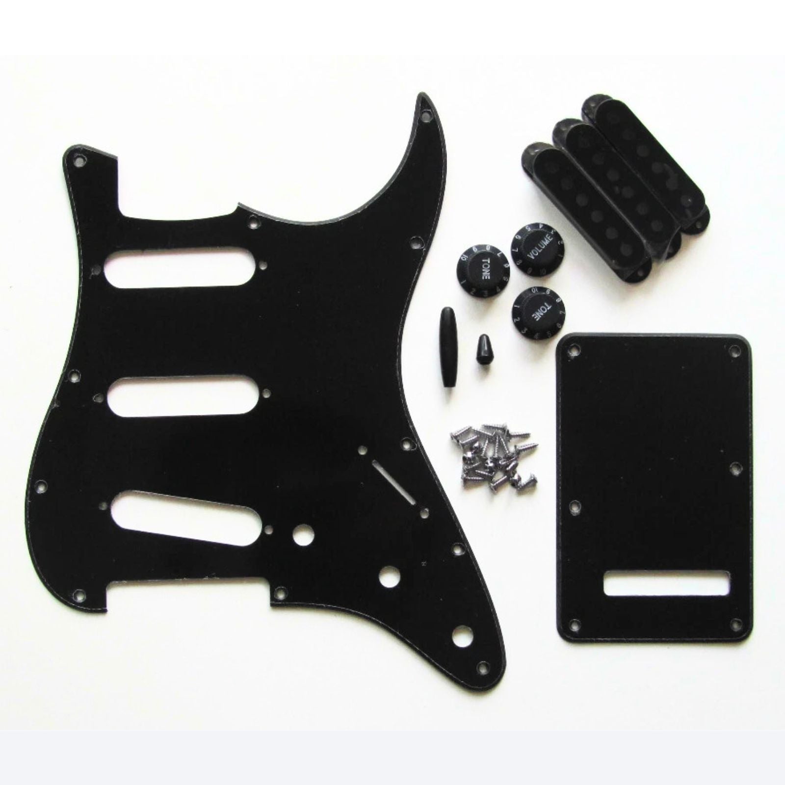 Black Stratocaster Pickguard Kit 11-Hole - 1-Ply w/ Black Knobs, Switch Tips & Pickup Covers - Ploutone