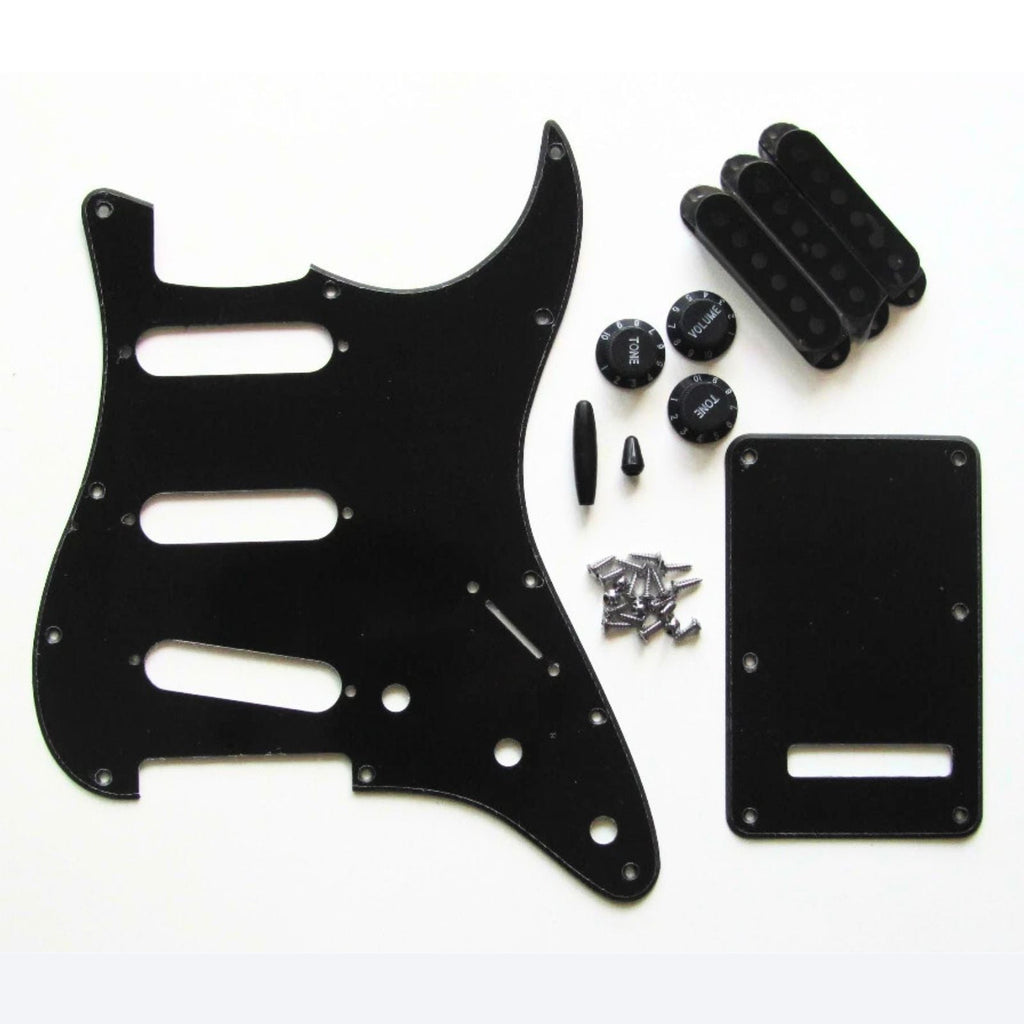 3-Ply Cream Strat Pickguard Kit w/ Aged White Knobs, Switches, Pickup Covers (11-Hole) guitar pickguards from Ploutone