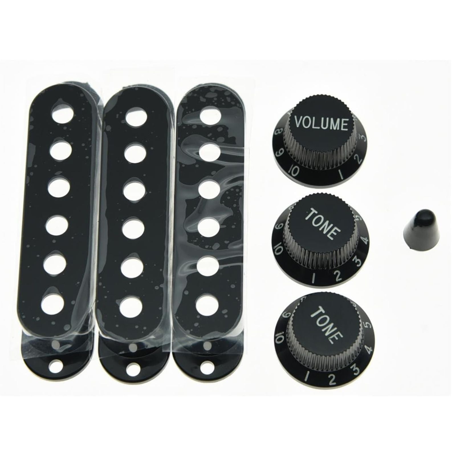 Black Stratocaster Pickguard Kit 11-Hole - 1-Ply w/ Black Knobs, Switch Tips & Pickup Covers - Ploutone