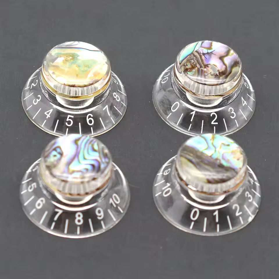Guitar Knob Caps, Shell Inlay 18 Spline Metric - Transparent / White Lettering Knobs from Ploutone