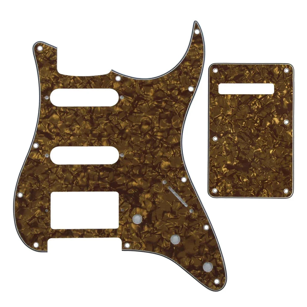 11-Hole HSS Strat Pickguard and Matching Back Plate - 20+ Colors 4-Ply Brown Pearl - Ploutone