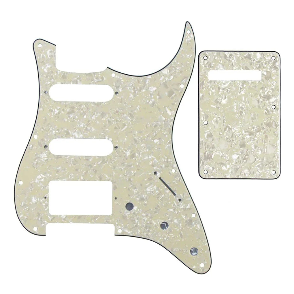 11-Hole HSS Strat Pickguard and Matching Back Plate - 20+ Colors 4-Ply Aged Pearl - Ploutone
