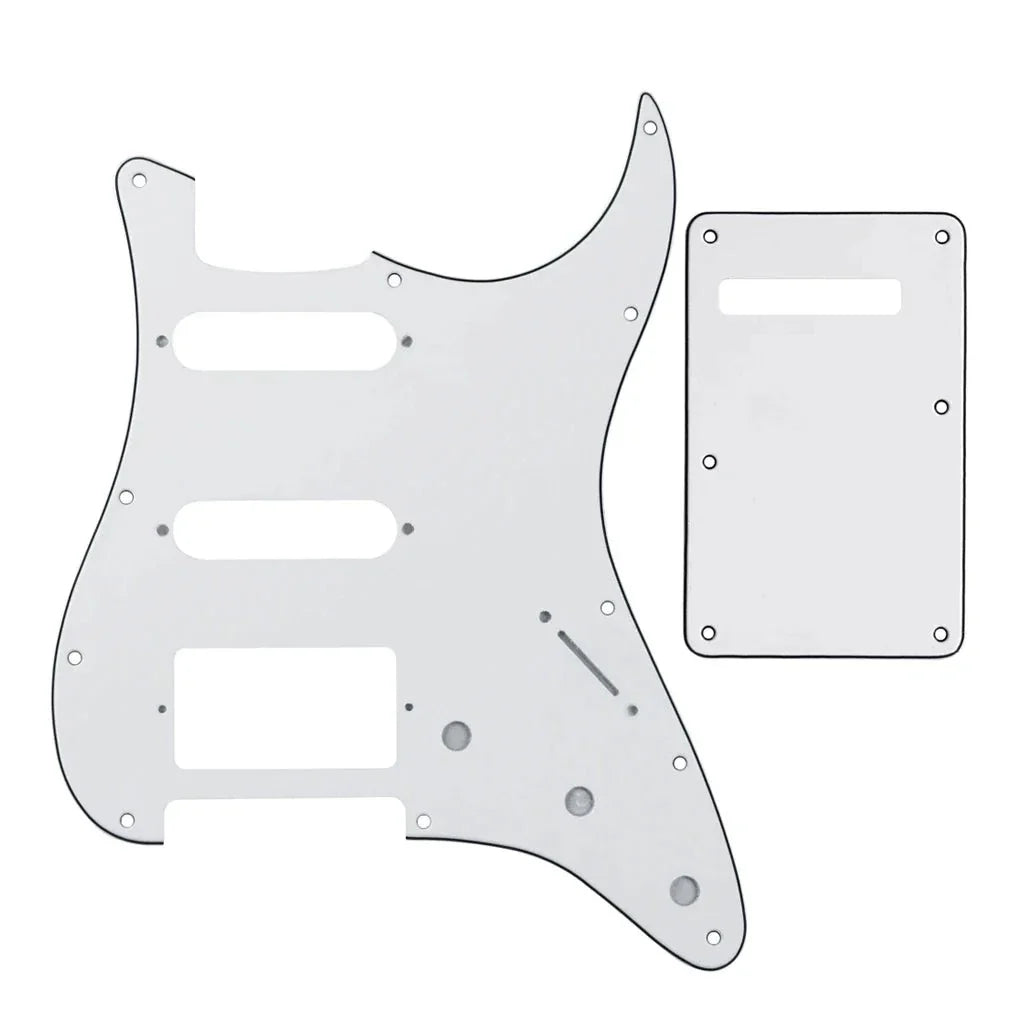 11-Hole HSS Strat Pickguard and Matching Back Plate - 20+ Colors 3-Ply White - Ploutone