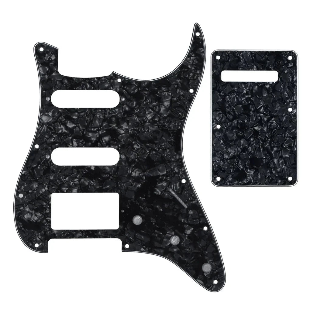 11-Hole HSS Strat Pickguard and Matching Back Plate - 20+ Colors 4-Ply Black Pearl - Ploutone