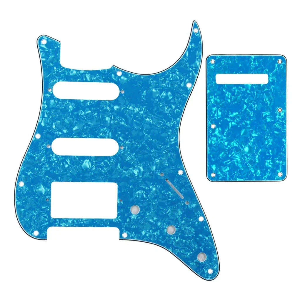 11-Hole HSS Strat Pickguard and Matching Back Plate - 20+ Colors 4-Ply Light Blue Pearl - Ploutone