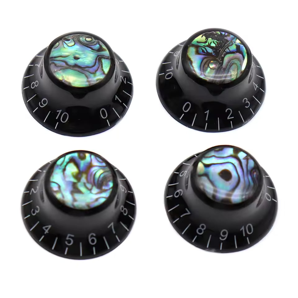 Guitar Knob Caps, Shell Inlay 18 Spline Metric - Black / White Lettering Knobs from Ploutone