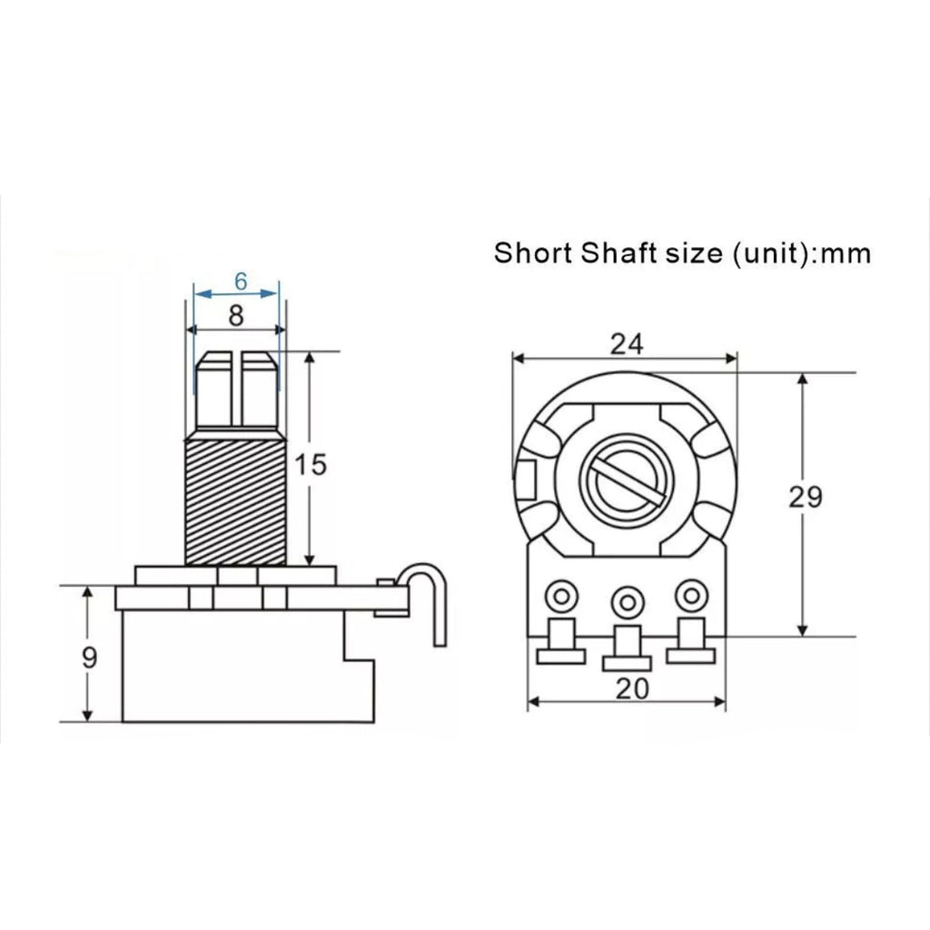 Short Shaft Full Size A250K Potentiometers (Set of 10) - Ploutone