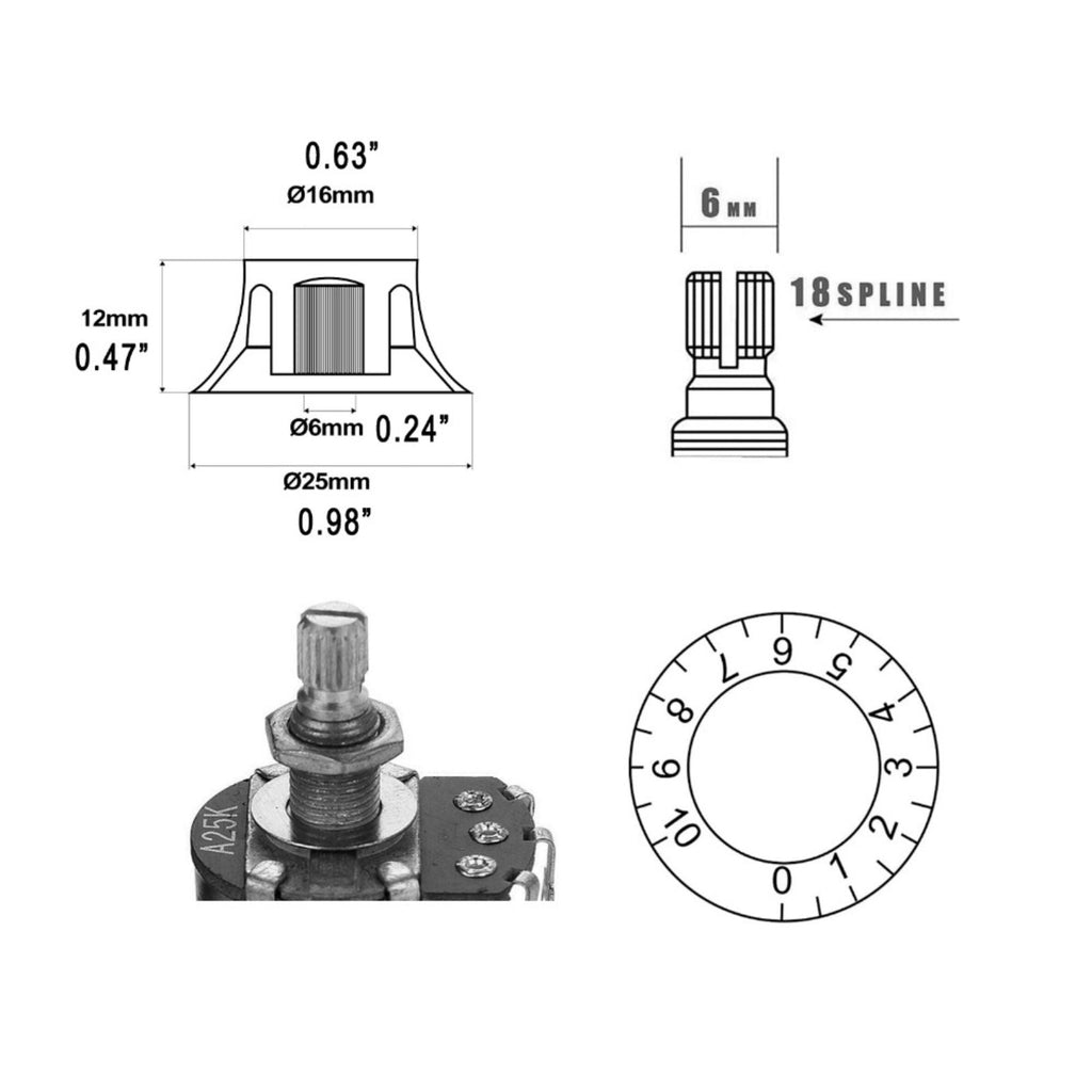 Top Hat Bell Knobs (6mm Shaft) 18 Spline for Gibson - Black & Gold (Set of 4) - Ploutone