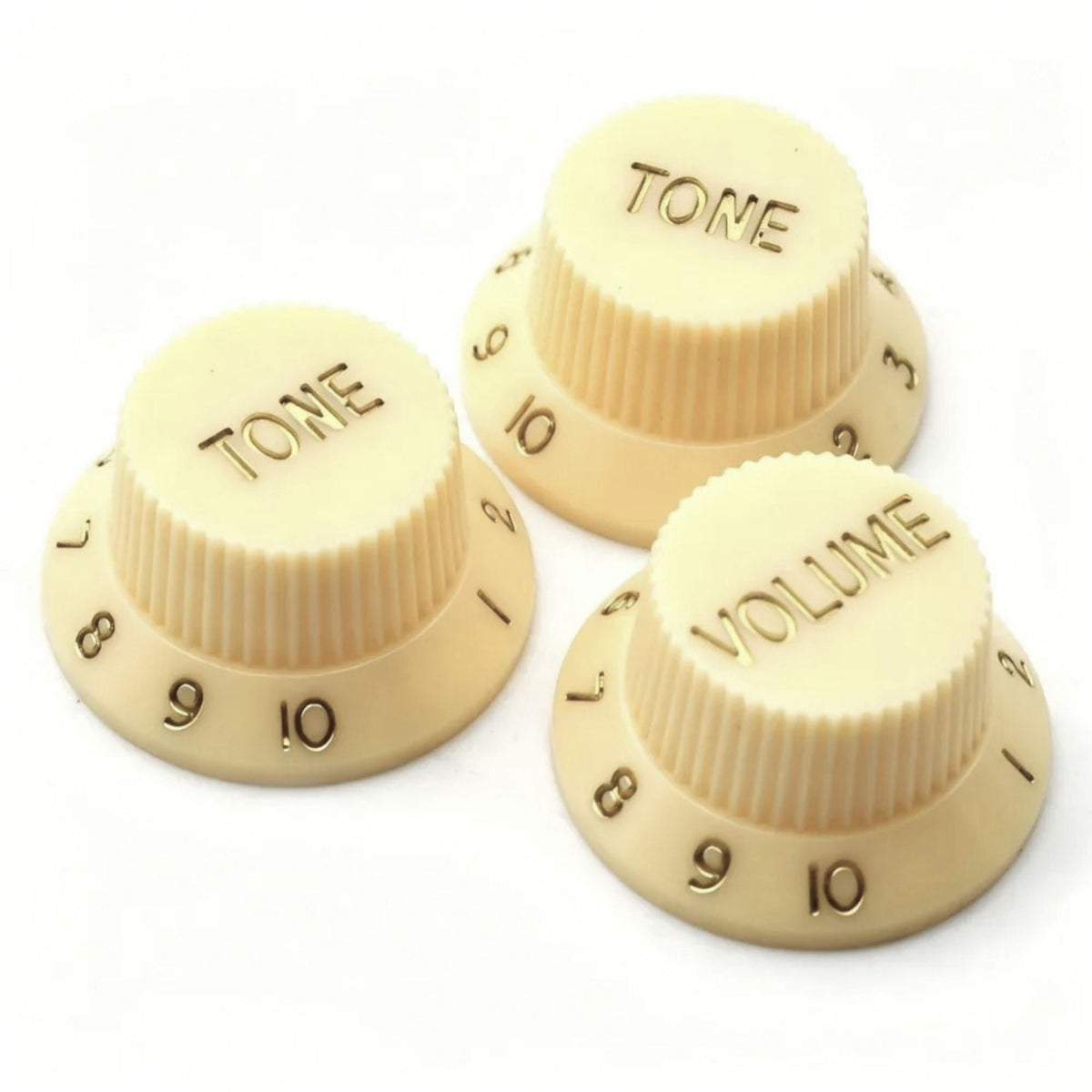 Electric Guitar Top Hat Control Knobs, 24 Spline Imperial (Set of 3) - Cream & Gold - Ploutone
